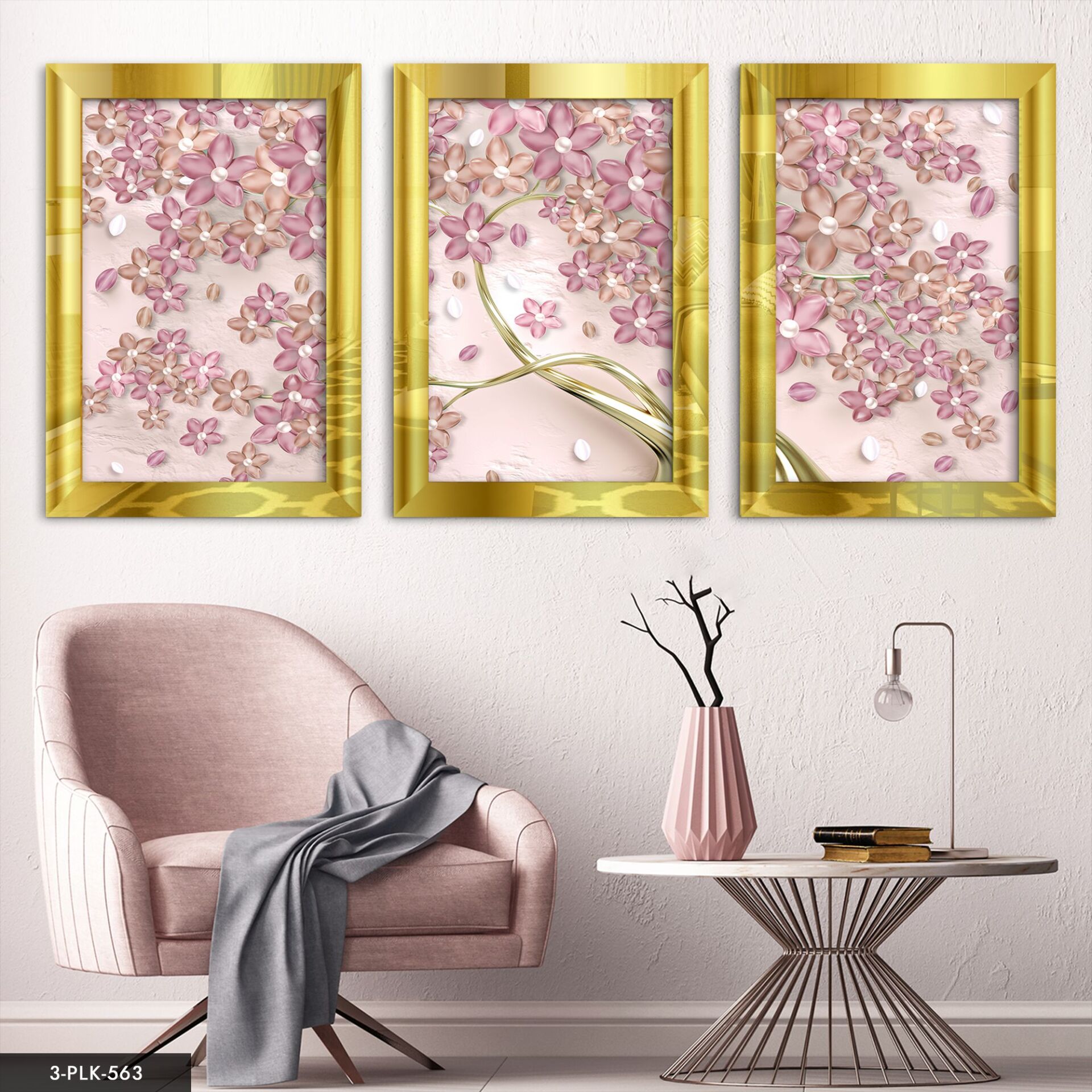 Renkli çiçekler 3 Parça Pleksi Aynalı Tablo 20 x 30 CM - Gold