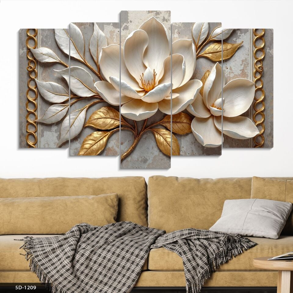 Gold Yapraklı Beyaz Çiçek 5 Parça Mdf Tablo 60x100 CM