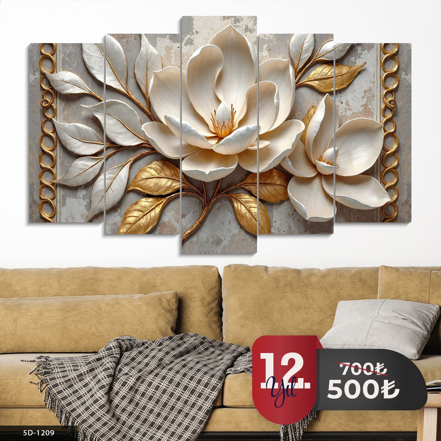 Gold Yapraklı Beyaz Çiçek 5 Parça Mdf Tablo 60x100 CM
