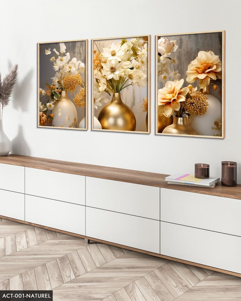Vazoda Çiçekler 3 Parça Ahşap Çerçeveli Tablo Naturel - 40 x 60 CM