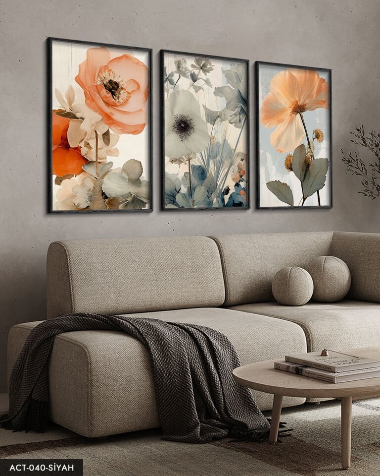 Sulu Boya Görünümlü Baskı 3 Parça Ahşap Çerçeveli Tablo ACT Siyah - 50 x 70 CM