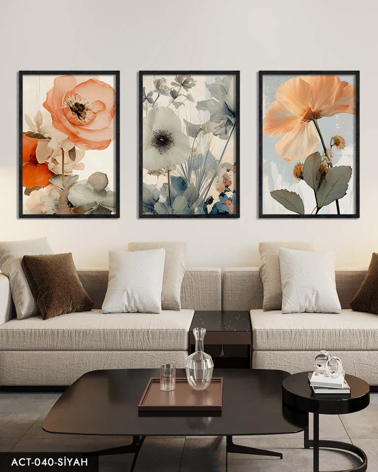 Sulu Boya Görünümlü Baskı 3 Parça Ahşap Çerçeveli Tablo ACT Siyah - 50 x 70 CM