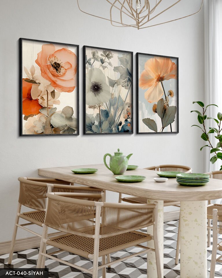 Sulu Boya Görünümlü Baskı 3 Parça Ahşap Çerçeveli Tablo ACT Siyah - 50 x 70 CM