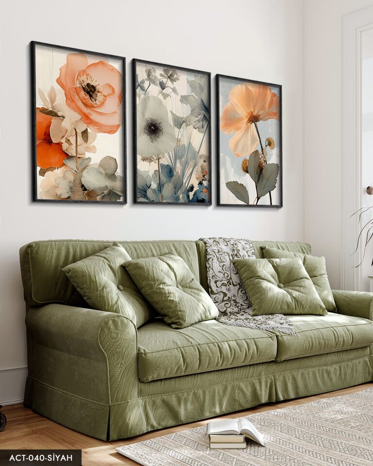 Sulu Boya Görünümlü Baskı 3 Parça Ahşap Çerçeveli Tablo ACT Siyah - 50 x 70 CM