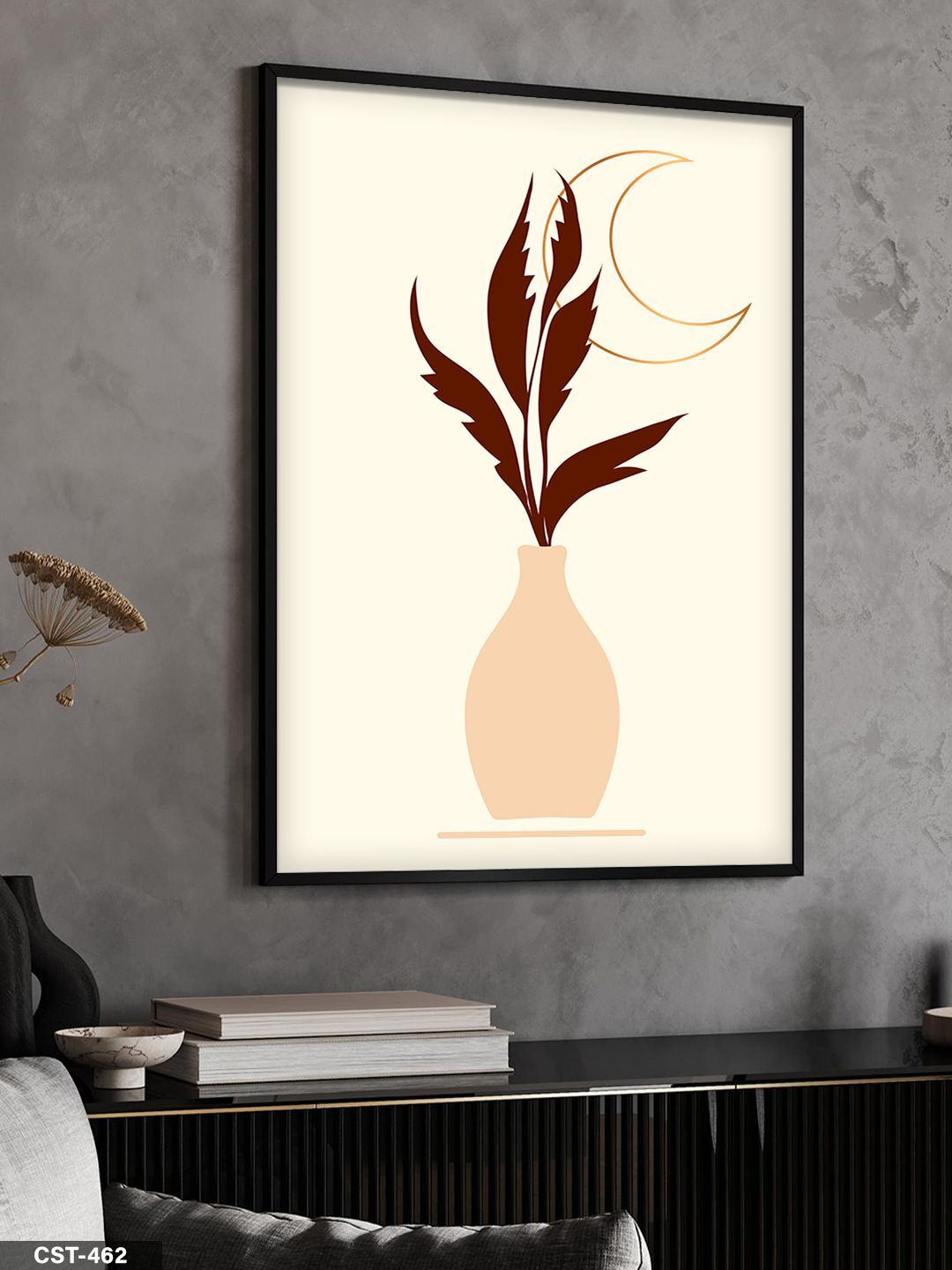 Vazoda Yaprak Tek Parça Ahşap Çerçeveli Tablo Siyah - 50 x 70 CM