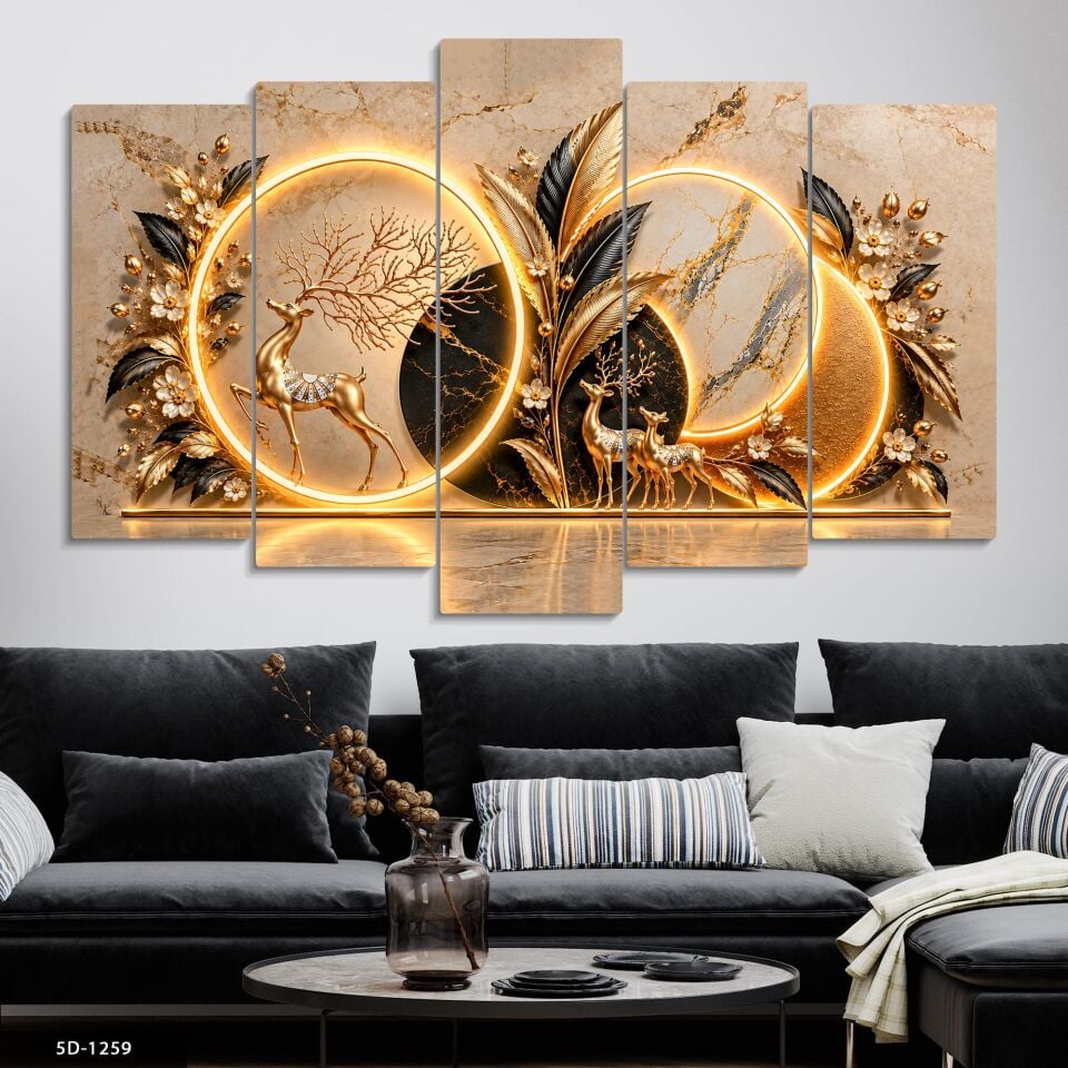 Gold Siyah Yapraklar ve Geyik 5 Parçalı MDF Tablo