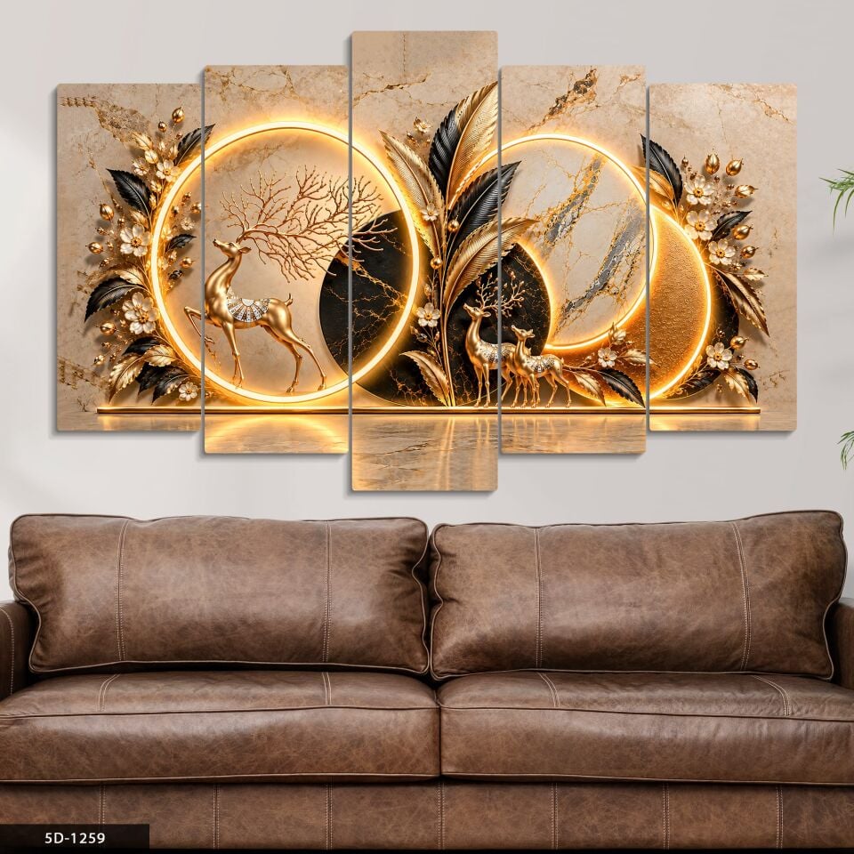 Gold Siyah Yapraklar ve Geyik 5 Parçalı MDF Tablo