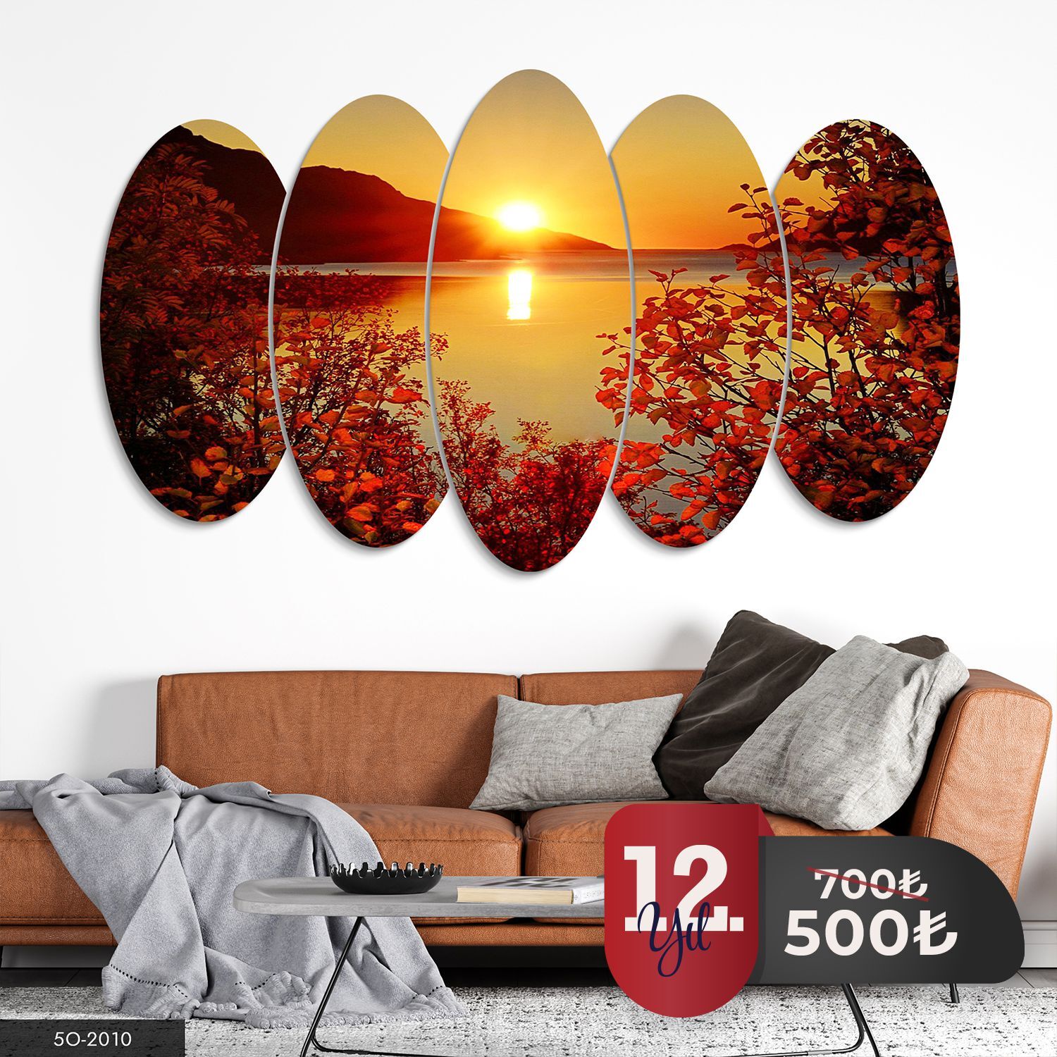 Gündoğumu ve Çiçekler 5 Parça Mdf Tablo 60x100 CM