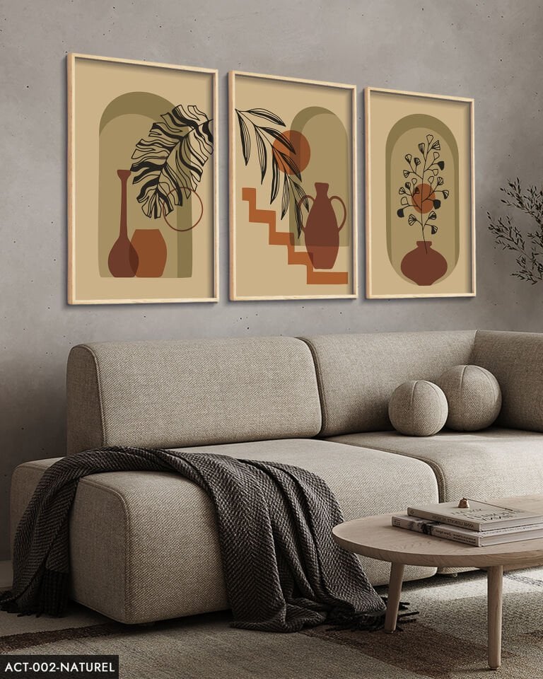 Vazo Çiçek Bohem Tarzı 3 Parça Ahşap Çerçeveli Tablo Naturel - 40 x 60 CM