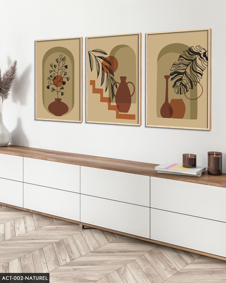 Vazo Çiçek Bohem Tarzı 3 Parça Ahşap Çerçeveli Tablo Naturel - 40 x 60 CM