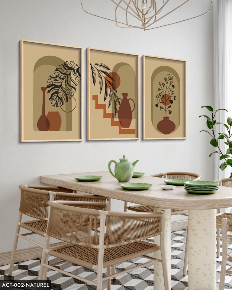 Vazo Çiçek Bohem Tarzı 3 Parça Ahşap Çerçeveli Tablo Naturel - 40 x 60 CM