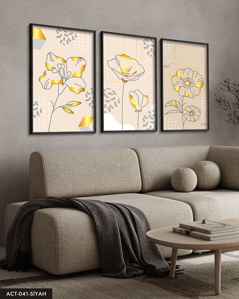 Çizim Çiçek 3 Parça Ahşap Çerçeveli Tablo ACT Siyah - 50 x 70 CM