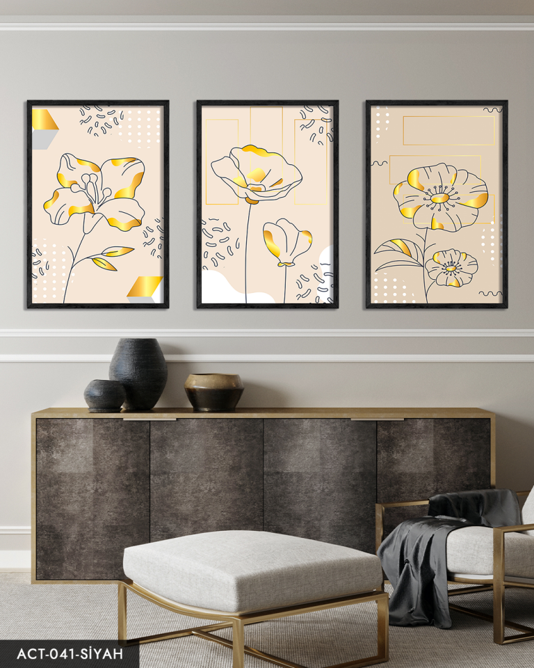 Çizim Çiçek 3 Parça Ahşap Çerçeveli Tablo ACT Siyah - 50 x 70 CM