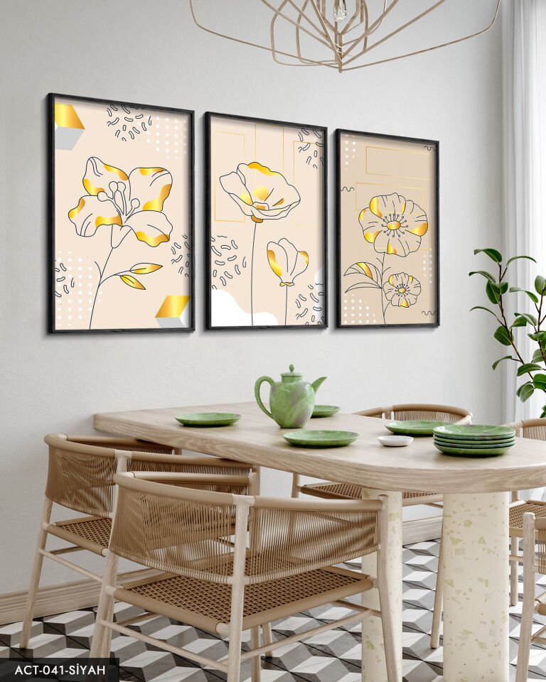 Çizim Çiçek 3 Parça Ahşap Çerçeveli Tablo ACT Siyah - 50 x 70 CM