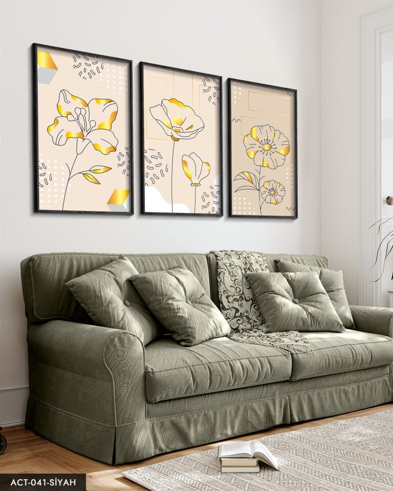 Çizim Çiçek 3 Parça Ahşap Çerçeveli Tablo ACT Siyah - 50 x 70 CM