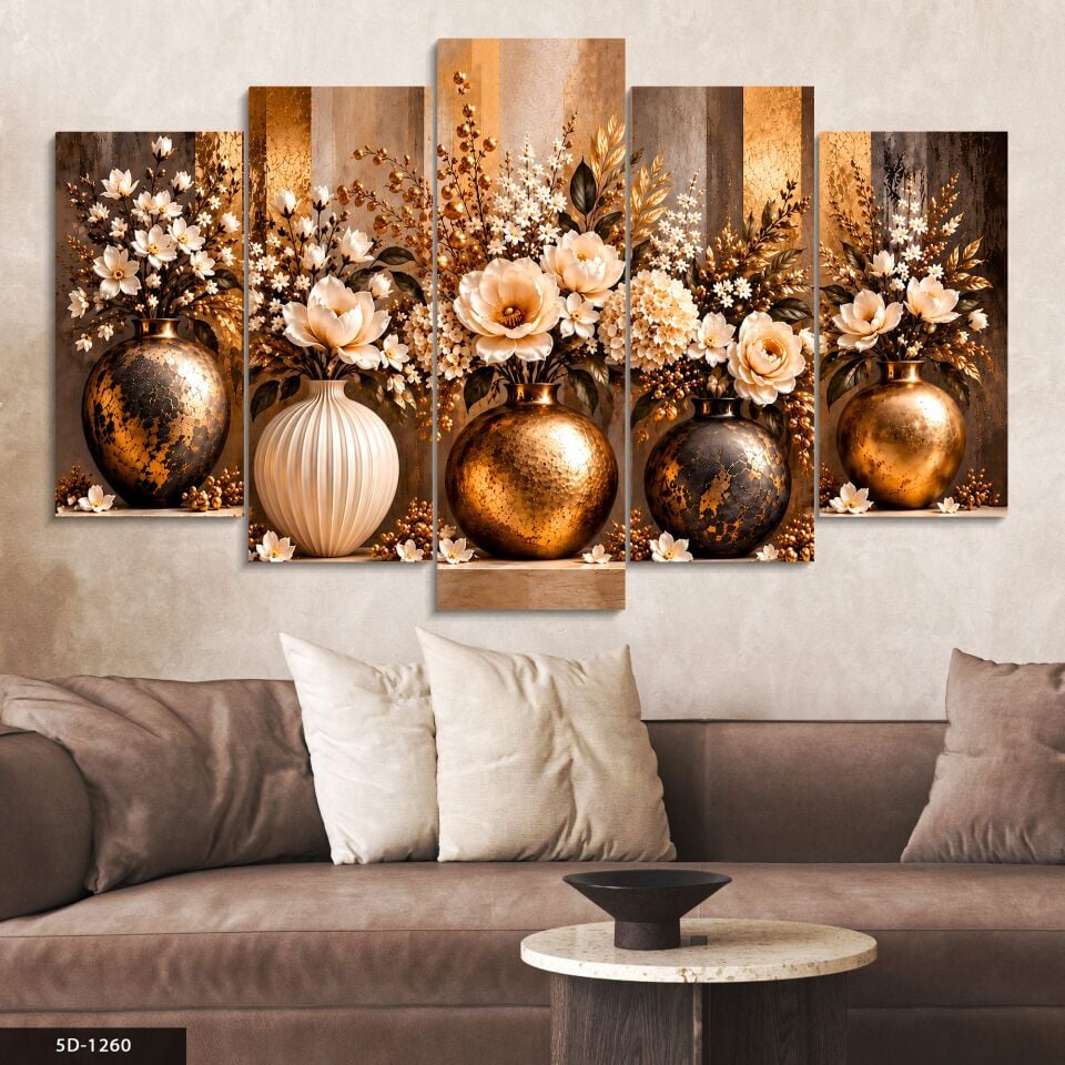 Gold Vazoda Beyaz Çiçekler 5 Parçalı MDF Tablo