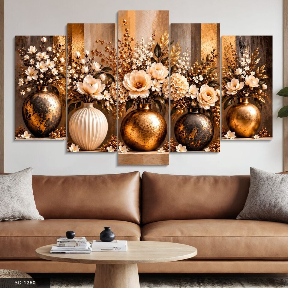 Gold Vazoda Beyaz Çiçekler 5 Parçalı MDF Tablo