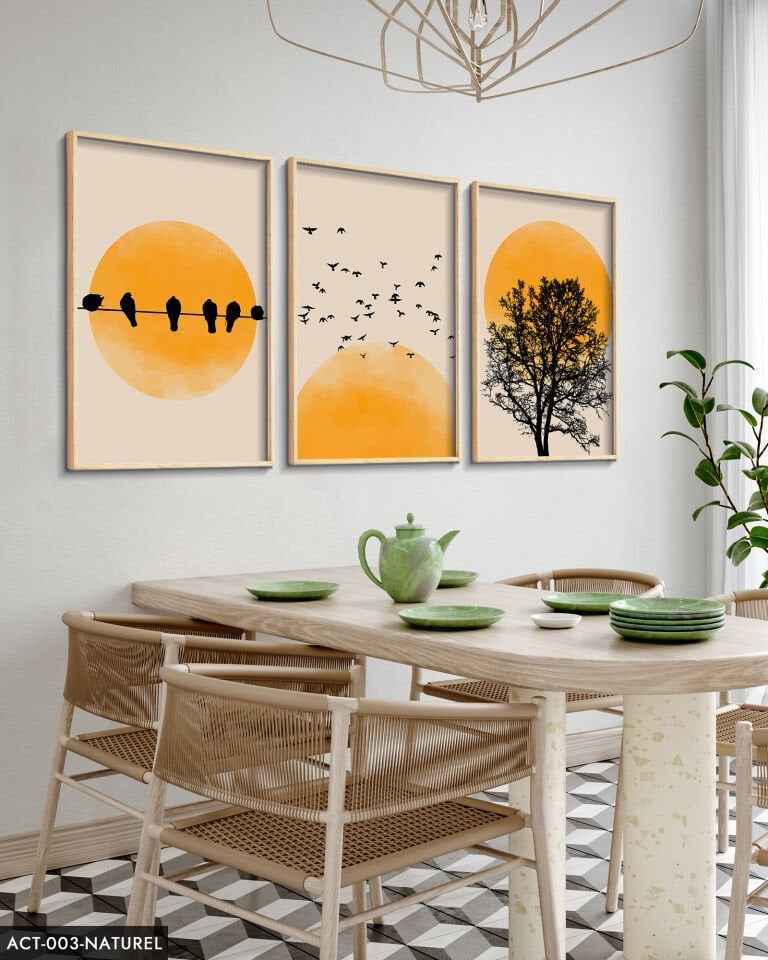 Soyut Doğa Ağaç Kuşlar Güneş 3 Parça Ahşap Çerçeveli Tablo ACT Naturel - 40 x 60 CM