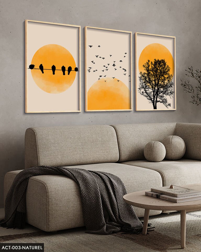 Soyut Doğa Ağaç Kuşlar Güneş 3 Parça Ahşap Çerçeveli Tablo ACT Naturel - 40 x 60 CM