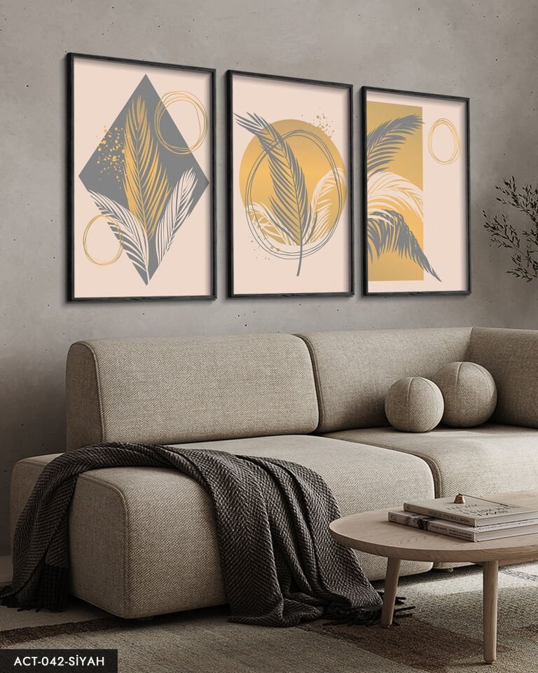 Sanatsal Tüy Desen 3 Parça Ahşap Çerçeveli Tablo ACT Siyah - 50 x 70 CM