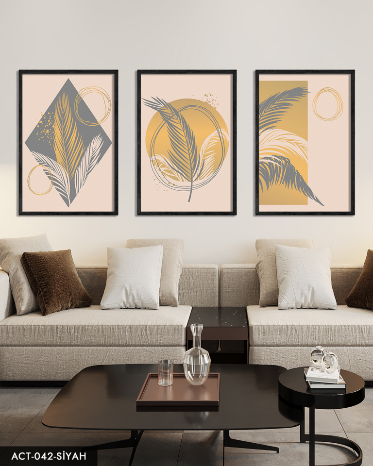Sanatsal Tüy Desen 3 Parça Ahşap Çerçeveli Tablo ACT Siyah - 50 x 70 CM