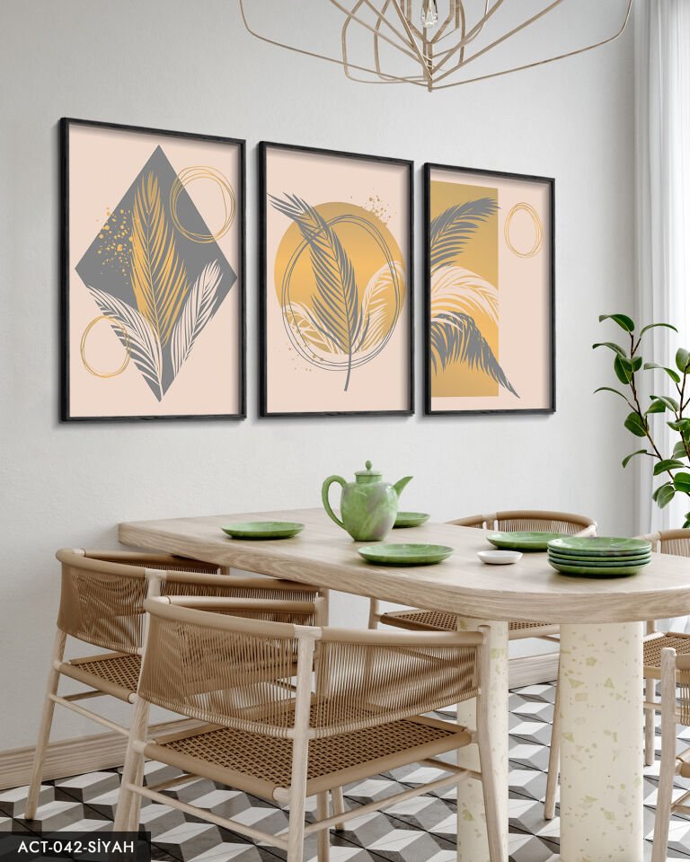 Sanatsal Tüy Desen 3 Parça Ahşap Çerçeveli Tablo ACT Siyah - 50 x 70 CM