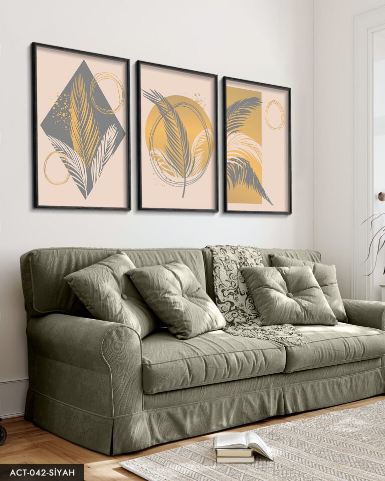 Sanatsal Tüy Desen 3 Parça Ahşap Çerçeveli Tablo ACT Siyah - 50 x 70 CM