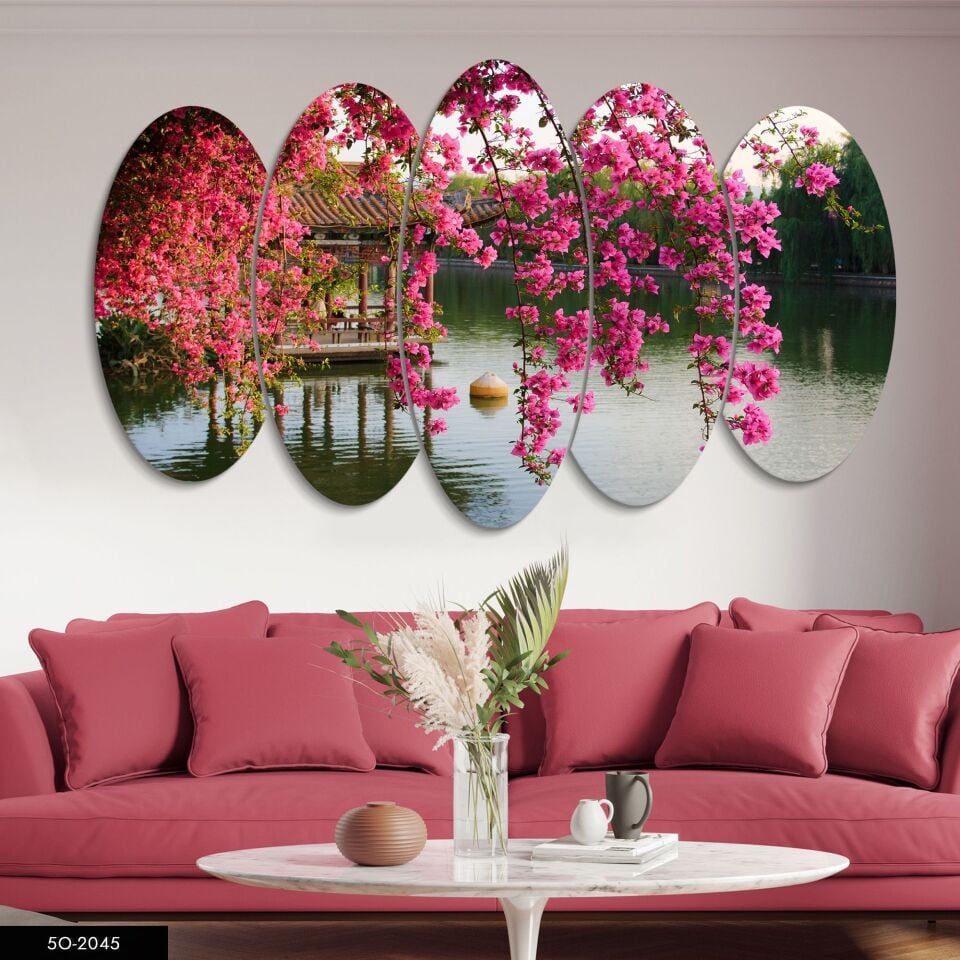 Pembe Begonvil ve Göl Manzara 5 Parça Mdf Tablo 60x100 CM