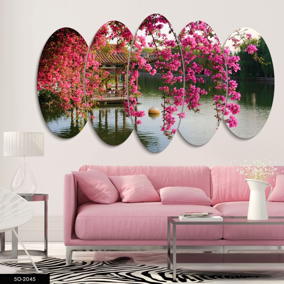 Pembe Begonvil ve Göl Manzara 5 Parça Mdf Tablo 60x100 CM