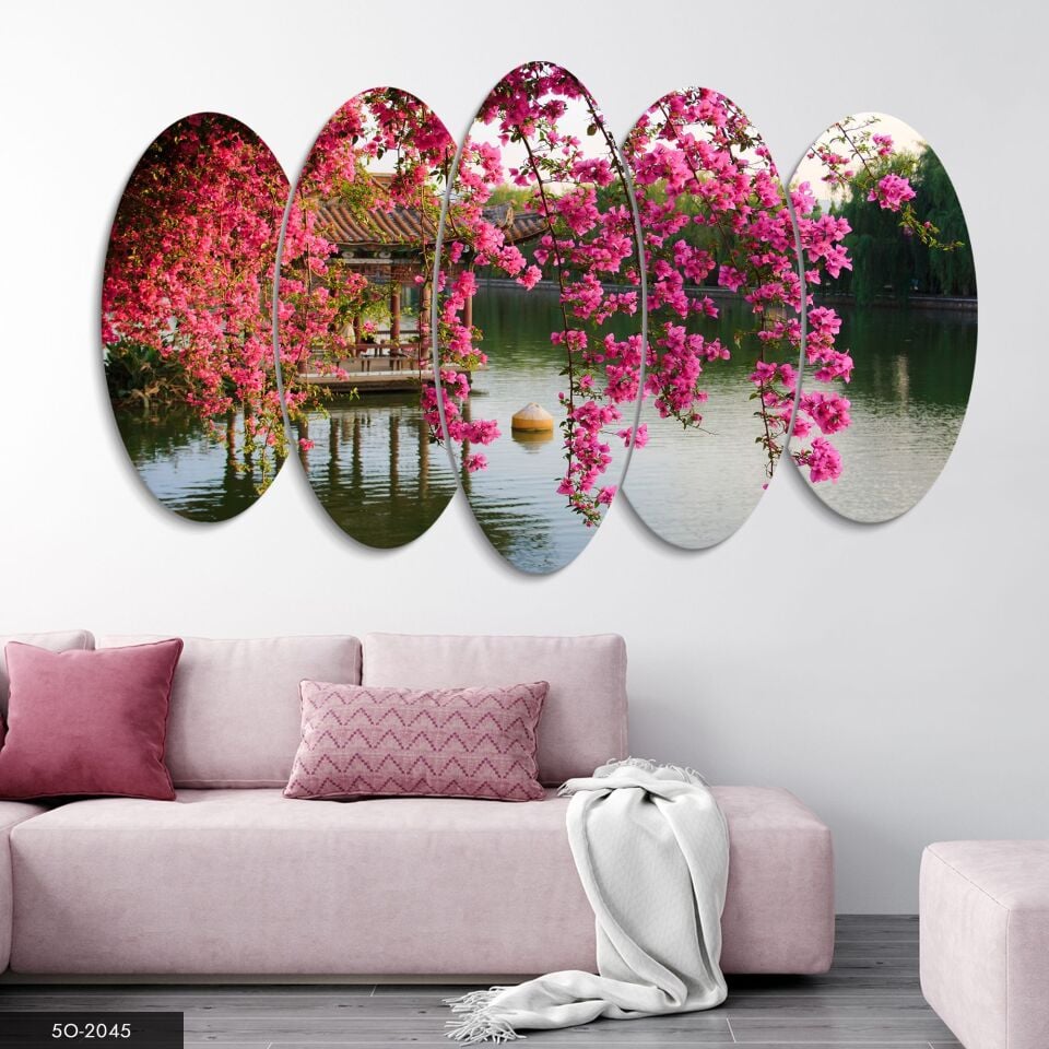 Pembe Begonvil ve Göl Manzara 5 Parça Mdf Tablo 60x100 CM
