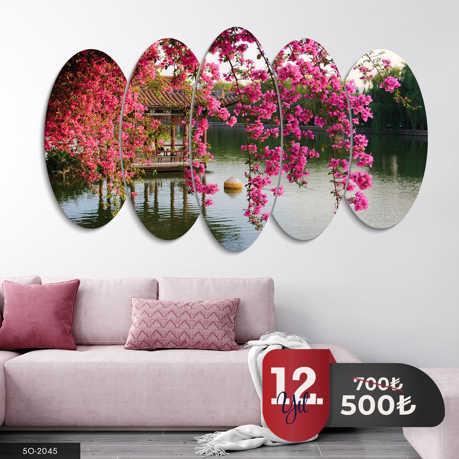 Pembe Begonvil ve Göl Manzara 5 Parça Mdf Tablo 60x100 CM