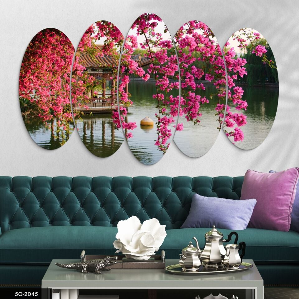 Pembe Begonvil ve Göl Manzara 5 Parça Mdf Tablo 60x100 CM