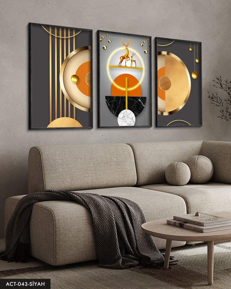 Gold, Geyik, Geometri, Soyut, Neon 3 Parça Ahşap Çerçeveli Tablo ACT Siyah - 50 x 70 CM
