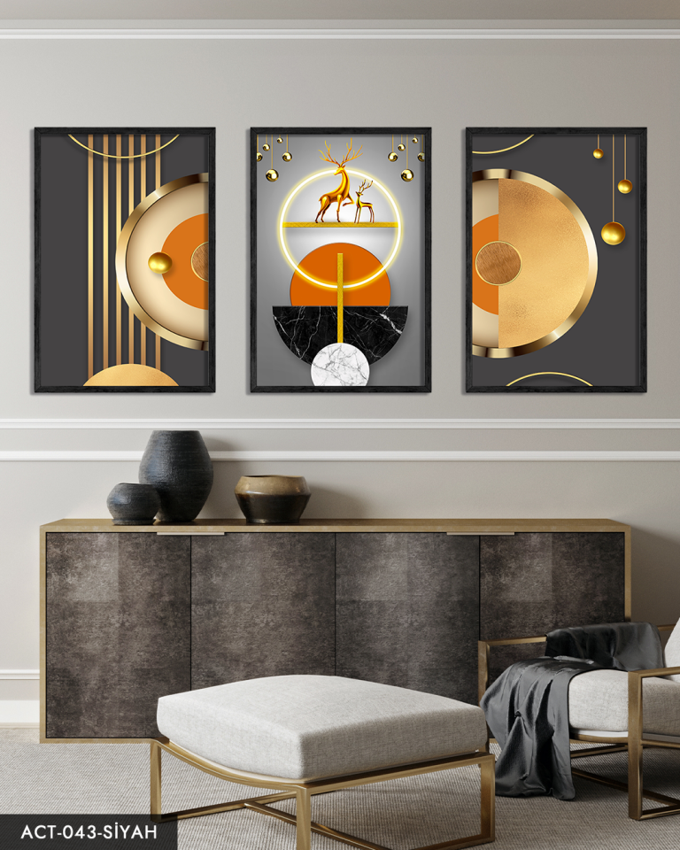Gold, Geyik, Geometri, Soyut, Neon 3 Parça Ahşap Çerçeveli Tablo ACT Siyah - 50 x 70 CM