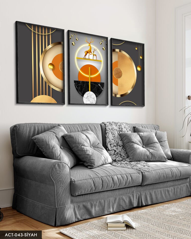 Gold, Geyik, Geometri, Soyut, Neon 3 Parça Ahşap Çerçeveli Tablo ACT Siyah - 50 x 70 CM
