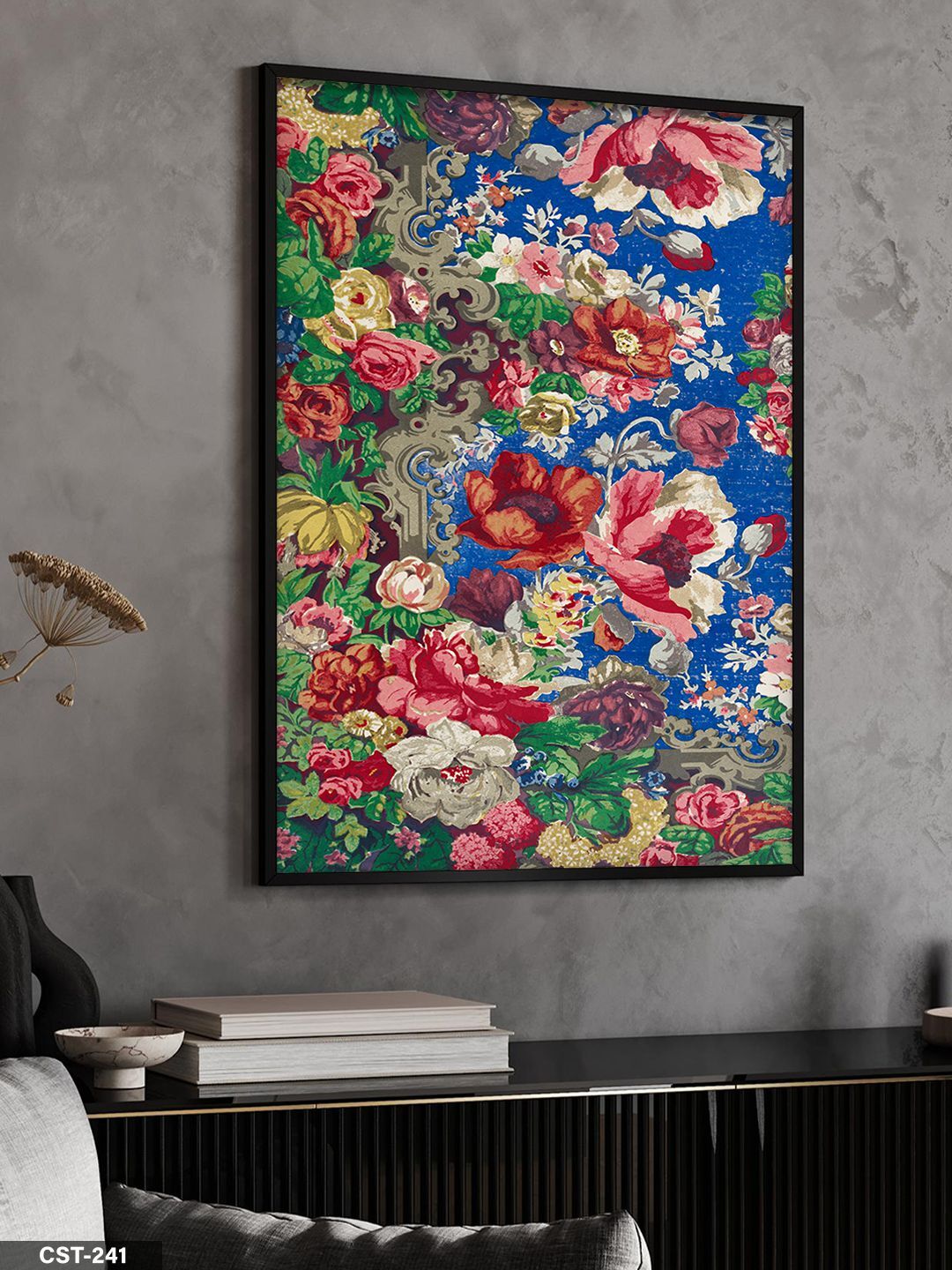 Çiçek Deseni Tek Parça Ahşap Çerçeveli Tablo Siyah - 20 x 30 CM