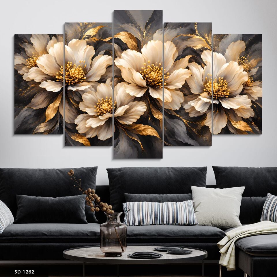Siyah Gold Çiçekli 5 Parçalı MDF Tablo