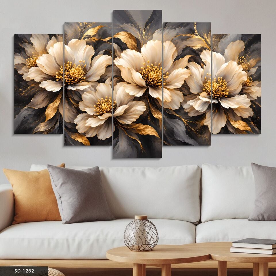 Siyah Gold Çiçekli 5 Parçalı MDF Tablo