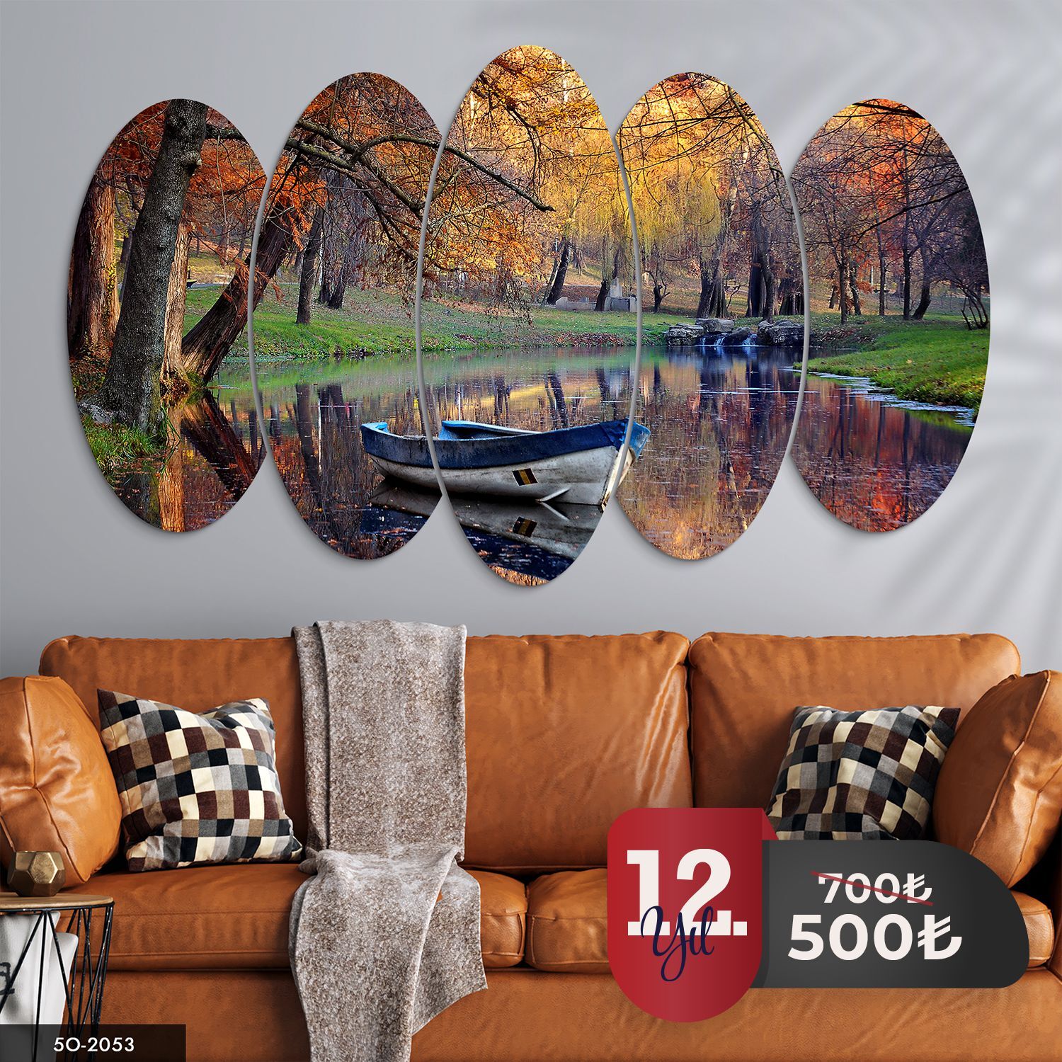 Kayık Manzaralı 5 Parça Mdf Tablo 60x100 CM