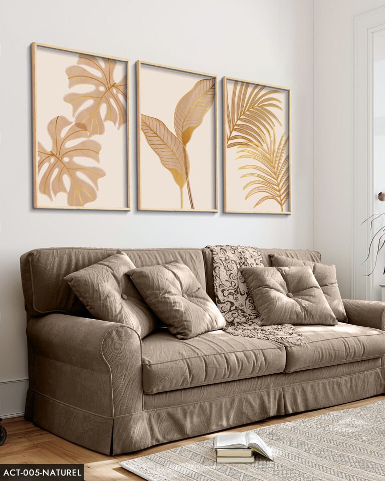 Botanik Altın Yapraklı Çiçek 3 Parça Ahşap Çerçeveli Tablo ACT Naturel - 40 x 60 CM