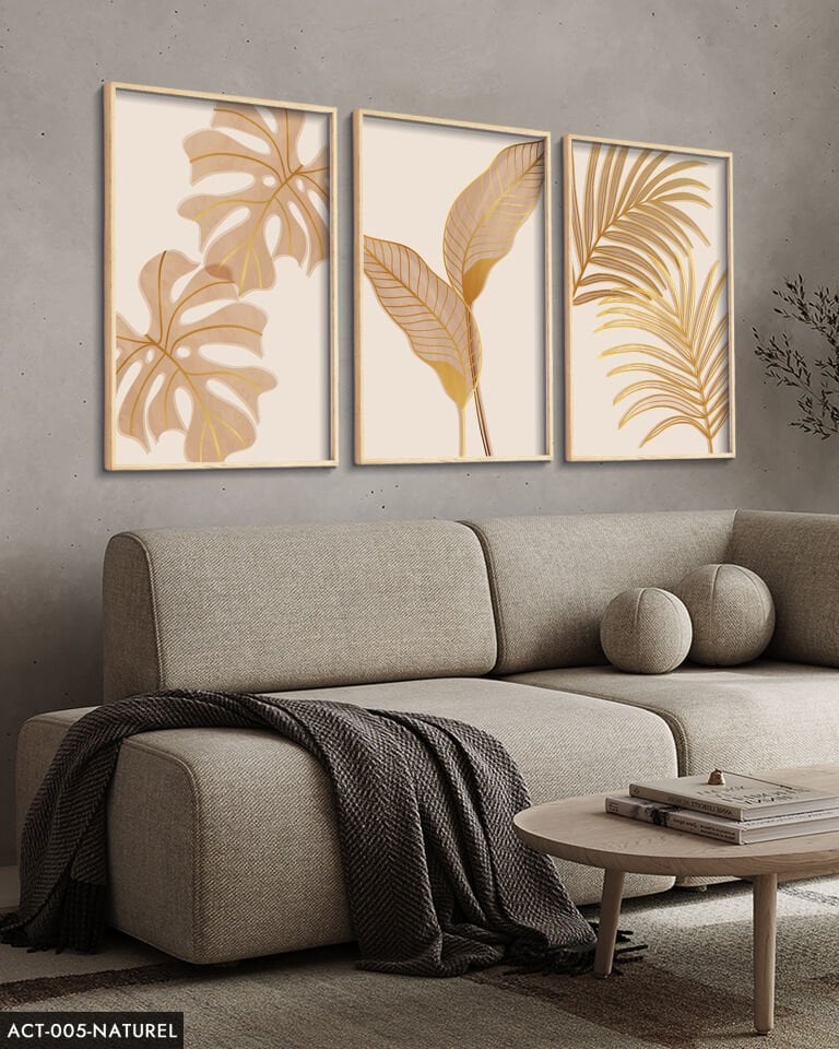 Botanik Altın Yapraklı Çiçek 3 Parça Ahşap Çerçeveli Tablo ACT Naturel - 40 x 60 CM