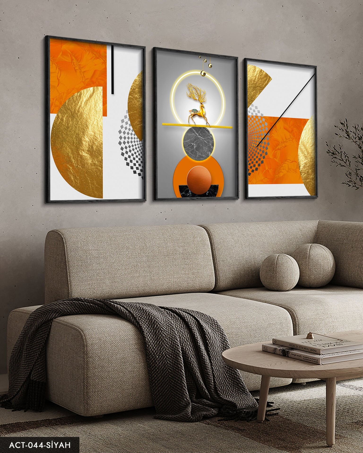 Gold, Geyik, Geometri, Soyut, Neon 3 Parça Ahşap Çerçeveli Tablo ACT Siyah - 50 x 70 CM