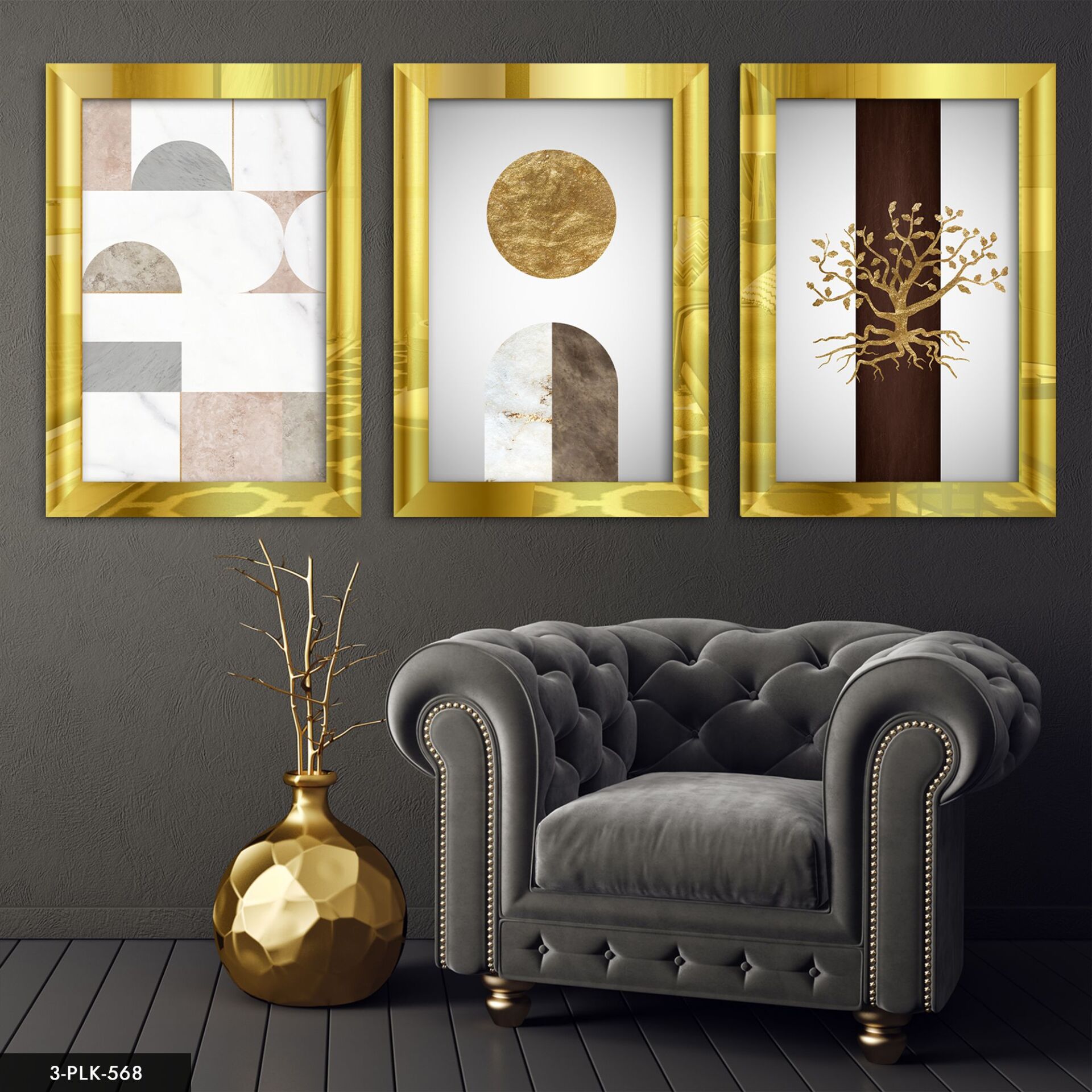 Sanatsal 3 Parça Pleksi Aynalı Tablo 20 x 30 CM - Gold