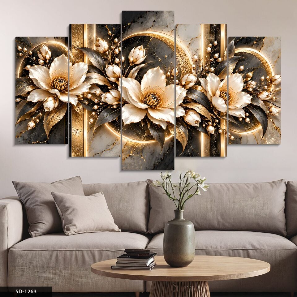 Altın Işıltılı Mermer Desenli Çiçek 5 Parçalı MDF Tablo