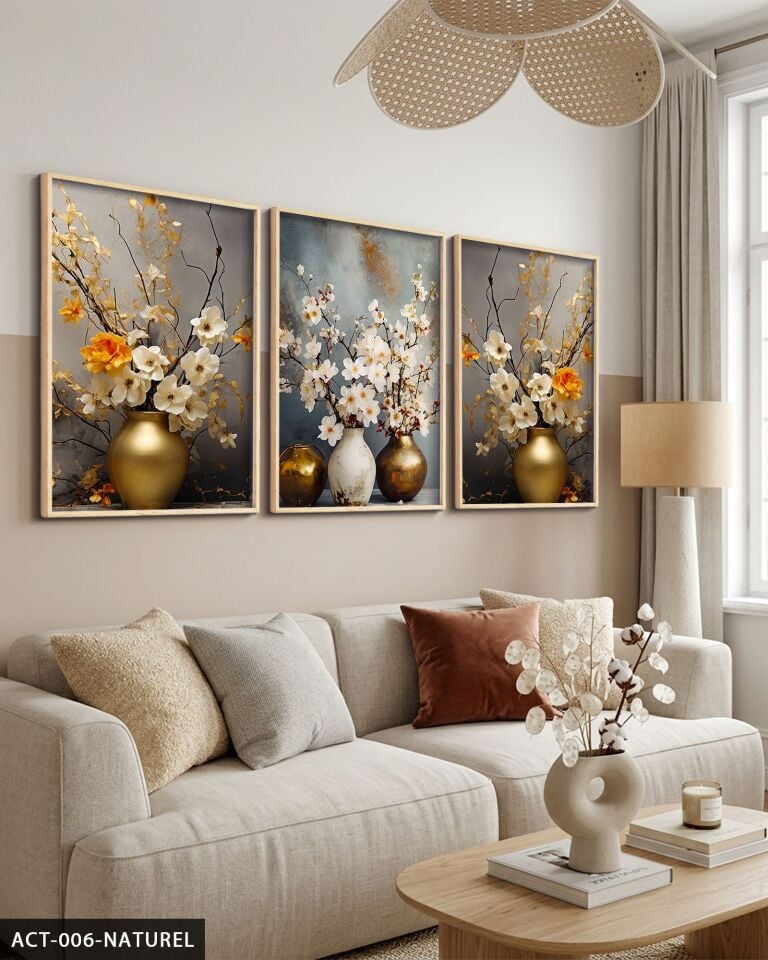 Vazodaki Çiçekler 3 Parça Ahşap Çerçeveli Tablo ACT Naturel - 40 x 60 CM