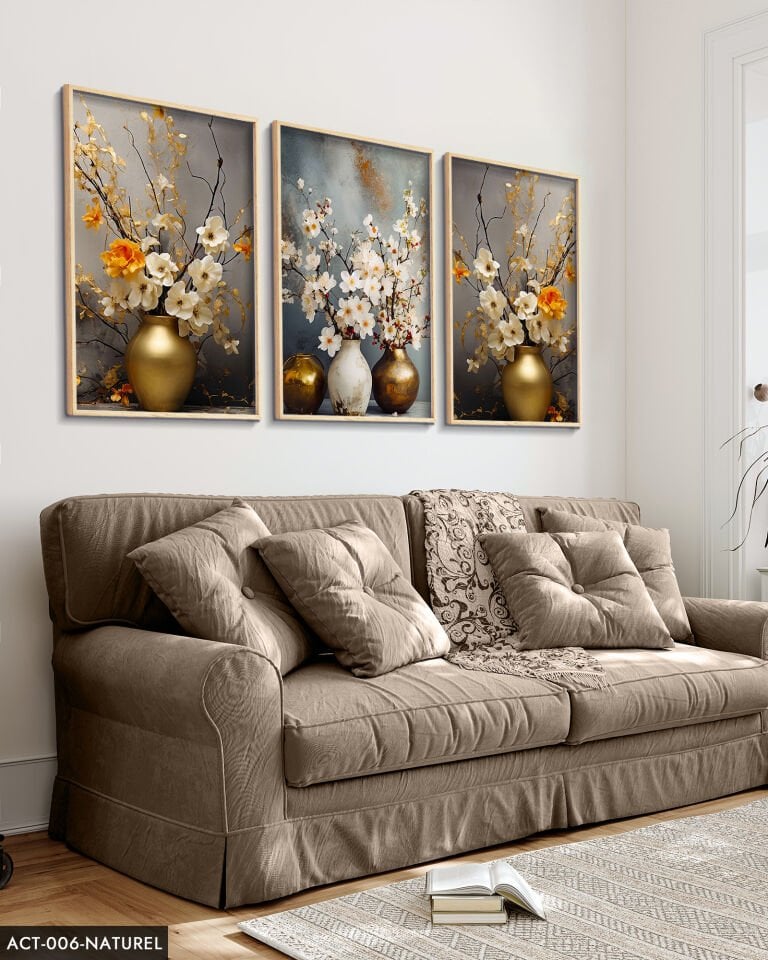 Vazodaki Çiçekler 3 Parça Ahşap Çerçeveli Tablo ACT Naturel - 40 x 60 CM