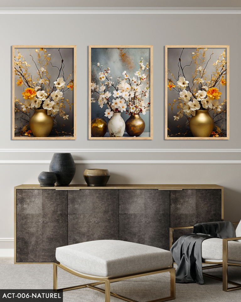Vazodaki Çiçekler 3 Parça Ahşap Çerçeveli Tablo ACT Naturel - 40 x 60 CM