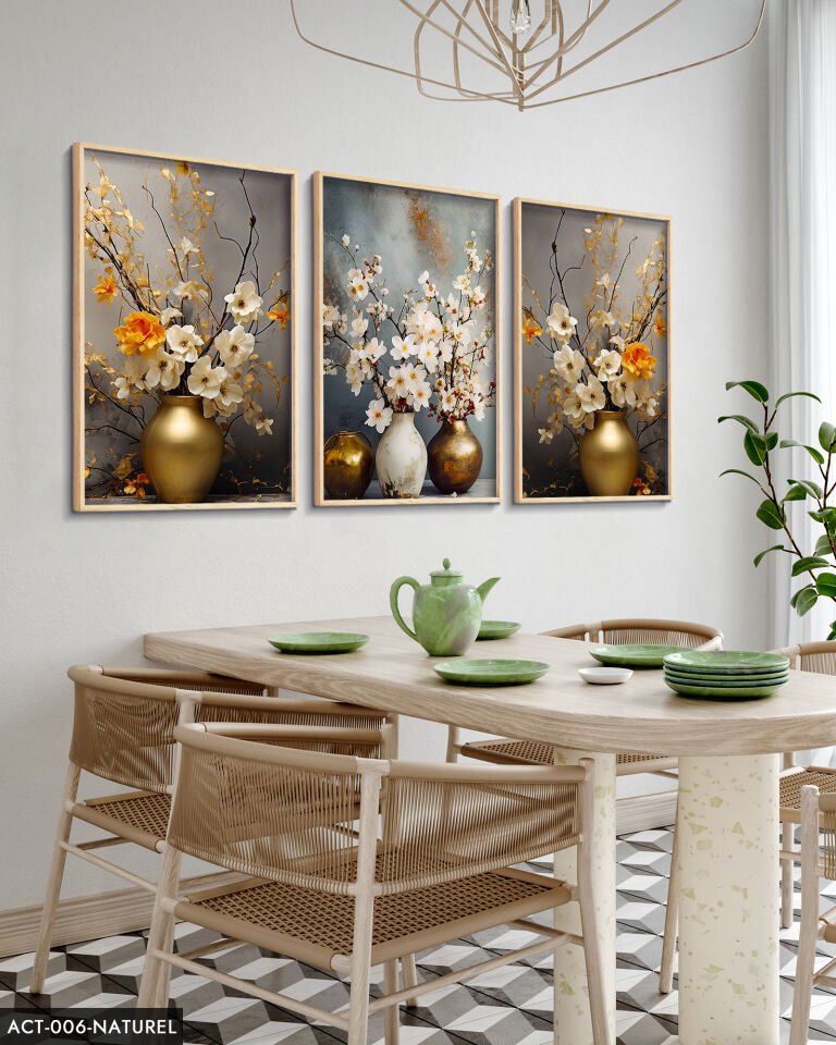 Vazodaki Çiçekler 3 Parça Ahşap Çerçeveli Tablo ACT Naturel - 40 x 60 CM