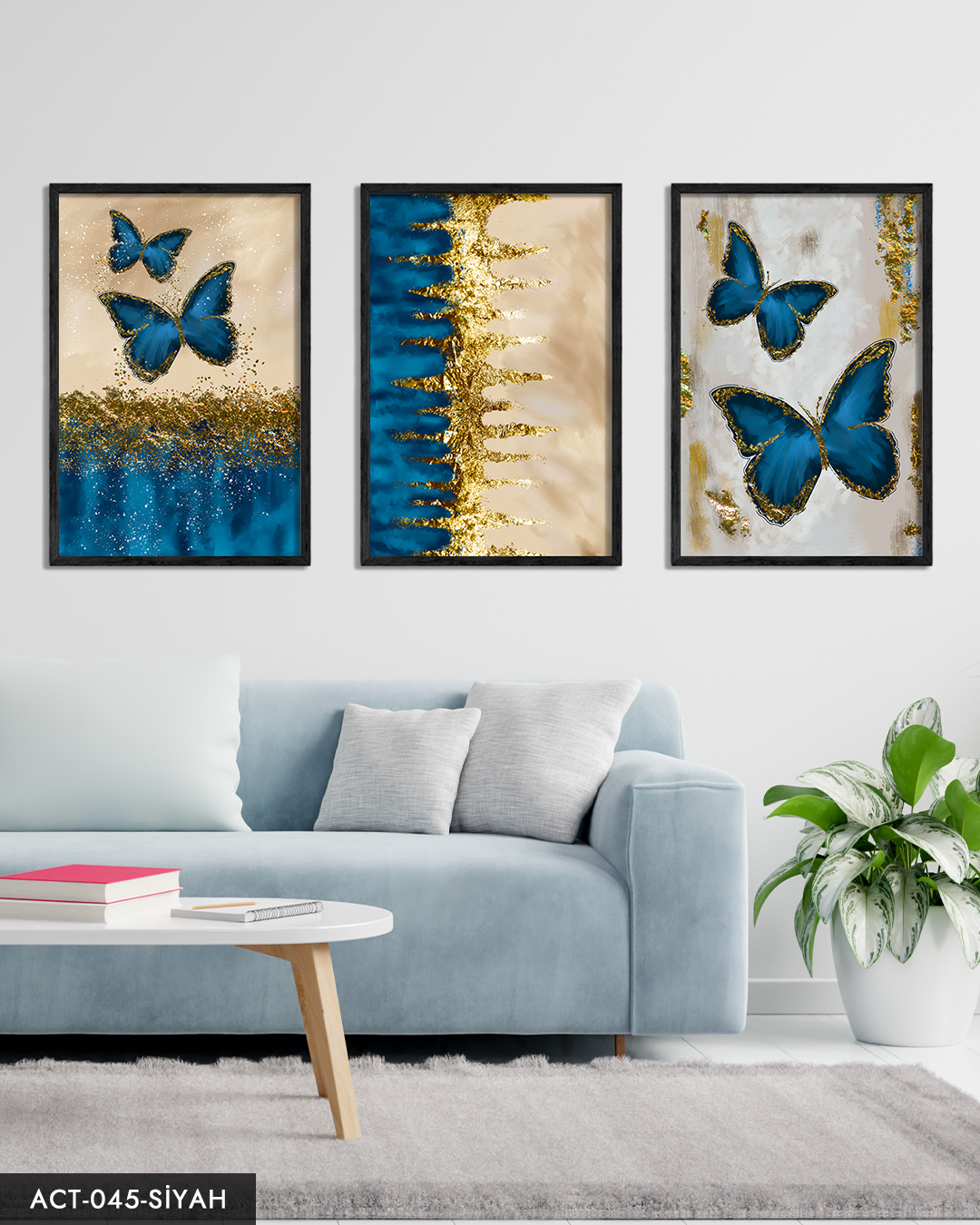 Mavi Kelebek Gold Işıltılı 3 Parça Ahşap Çerçeveli Tablo ACT Siyah - 50 x 70 CM