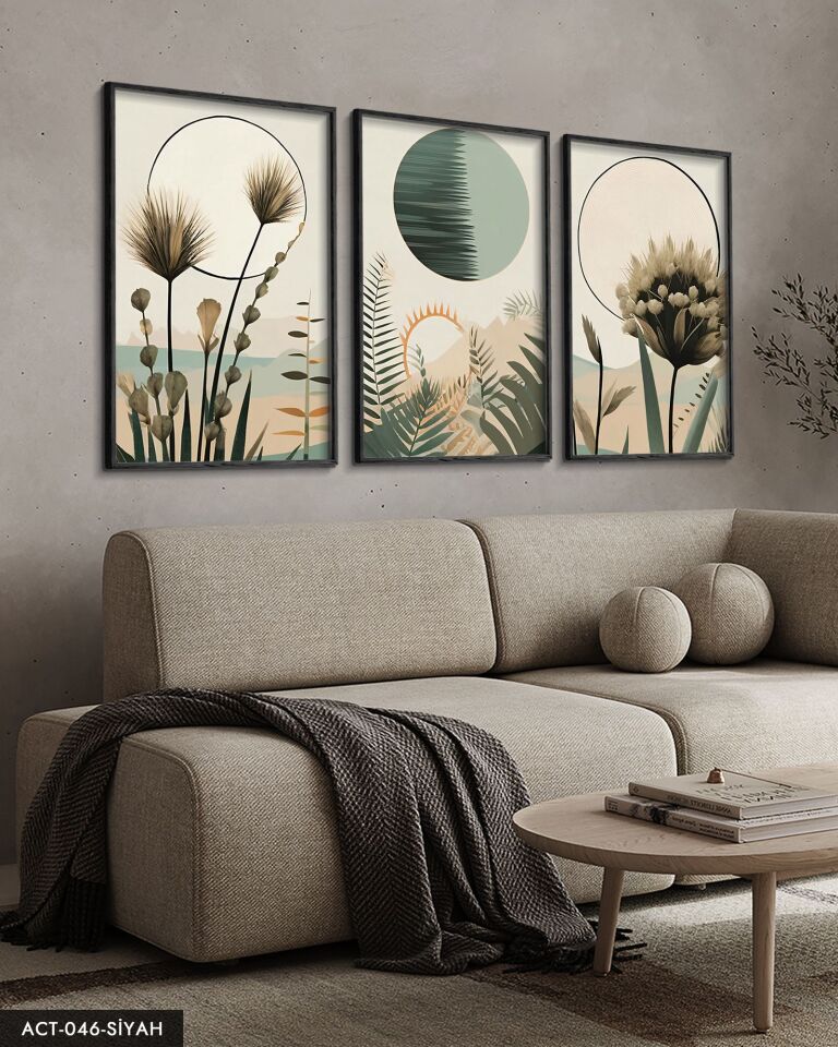 Boho Tarzı Suluboya Görünümlü 3 Parça Ahşap Çerçeveli Tablo ACT Siyah - 50 x 70 CM